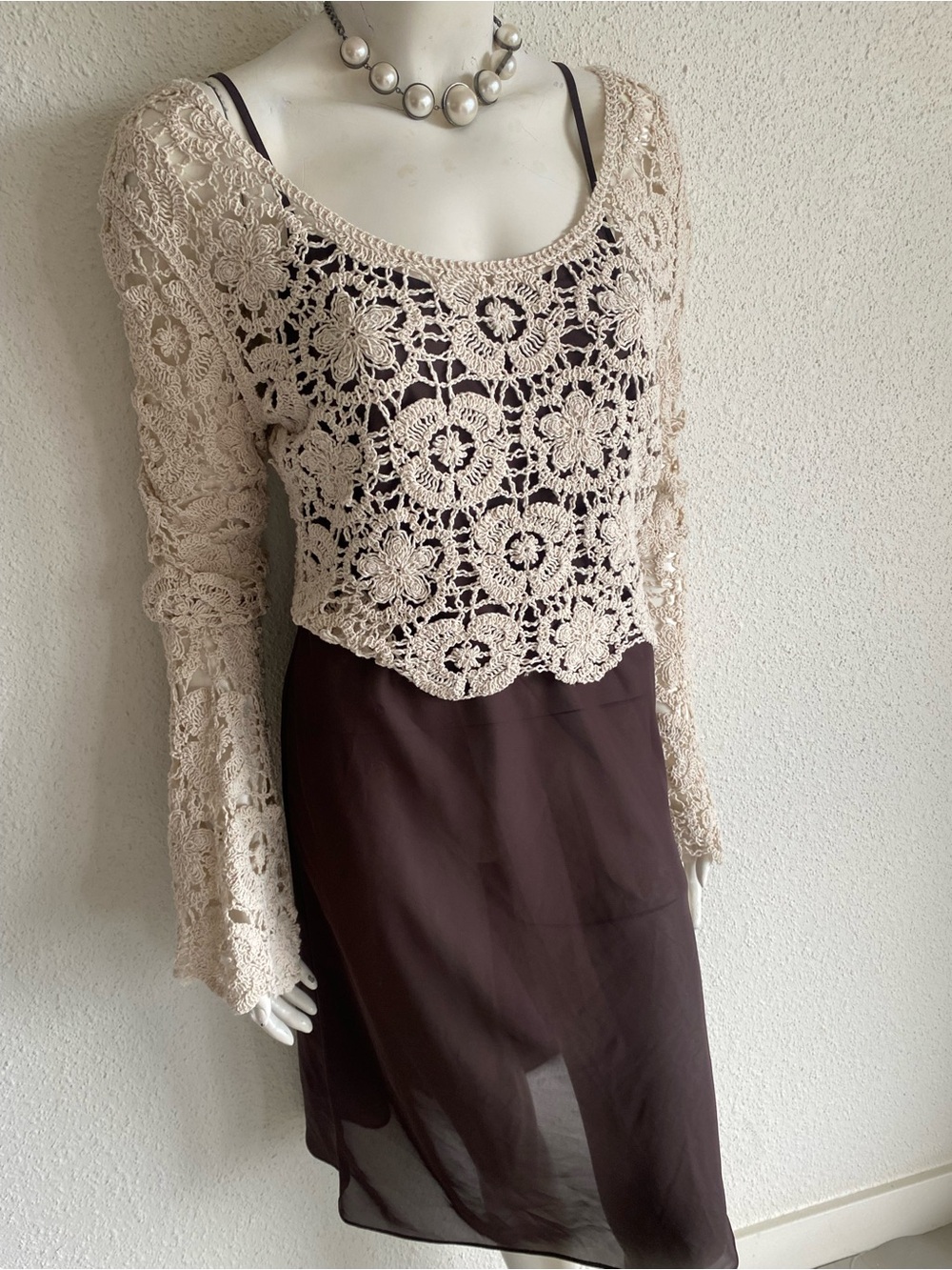 Boho Crochet Lace Crop Top Bell Sleeve Festival Cottagecore M